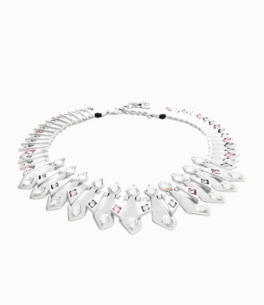 Collar ba&ntilde;ado en plata con abalorios y cristales facetados, Plateado, large